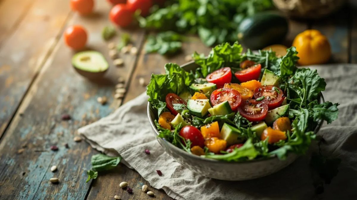 Bol de ensalada colorida con verduras frescas, tomates cherry, aguacate y semillas sobre una mesa de madera, fotografiada con luz natural