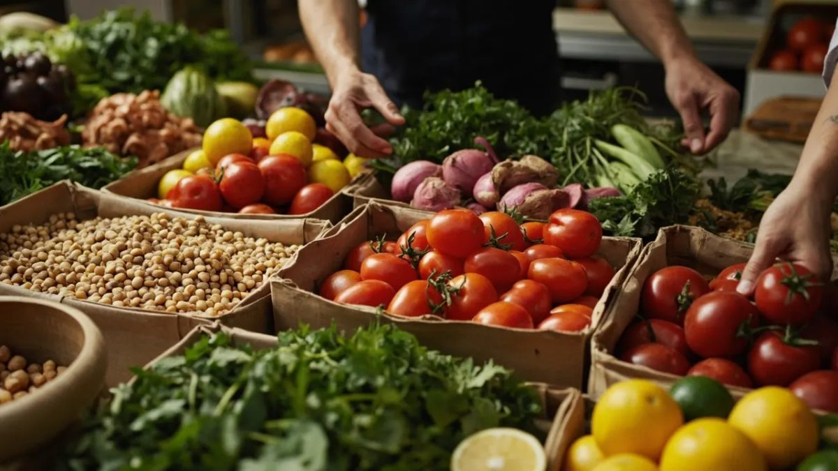 Manos eligiendo hortalizas y legumbres variadas en un mercado para preparar ensaladas