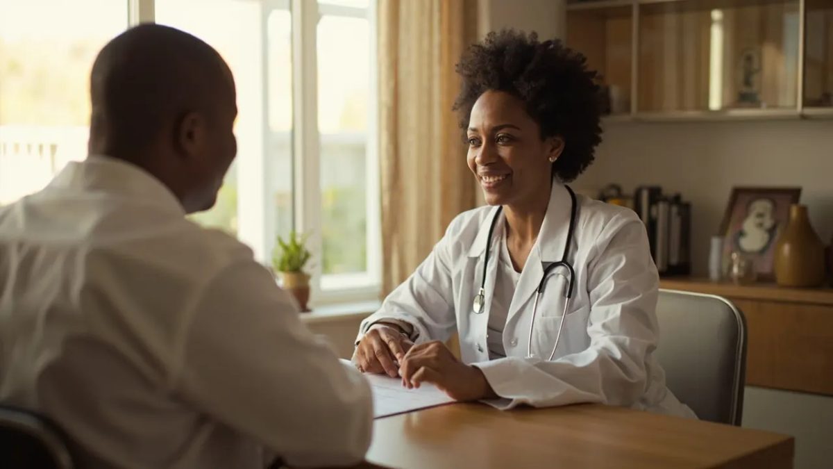 Médico con bata blanca en consulta atendiendo a un paciente diverso en un escritorio de clínica, con luz natural cálida y ambiente respetuoso y profesional.