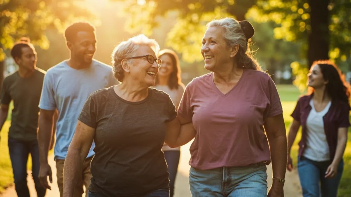 Grupo diverso de personas de distintas edades y complexiones caminando juntas por un parque iluminado por luz cálida, transmitiendo vitalidad y bienestar.