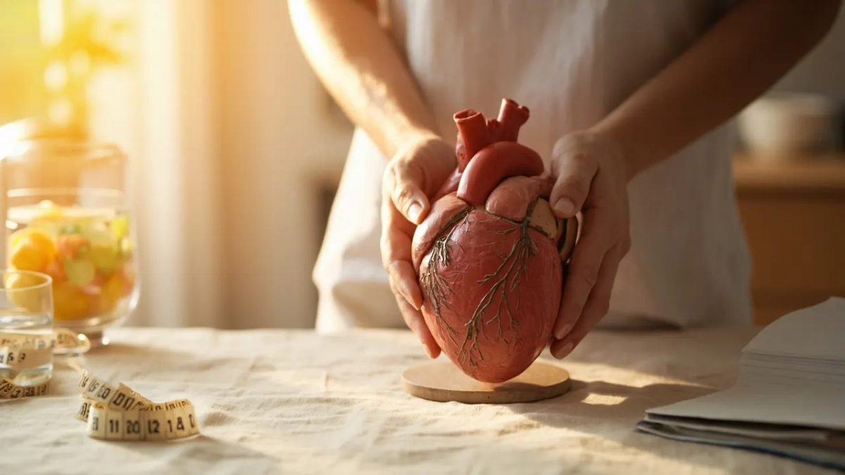 Modelo anatómico de un corazón humano sobre una superficie neutra con iluminación cálida y suave, en composición editorial minimalista.