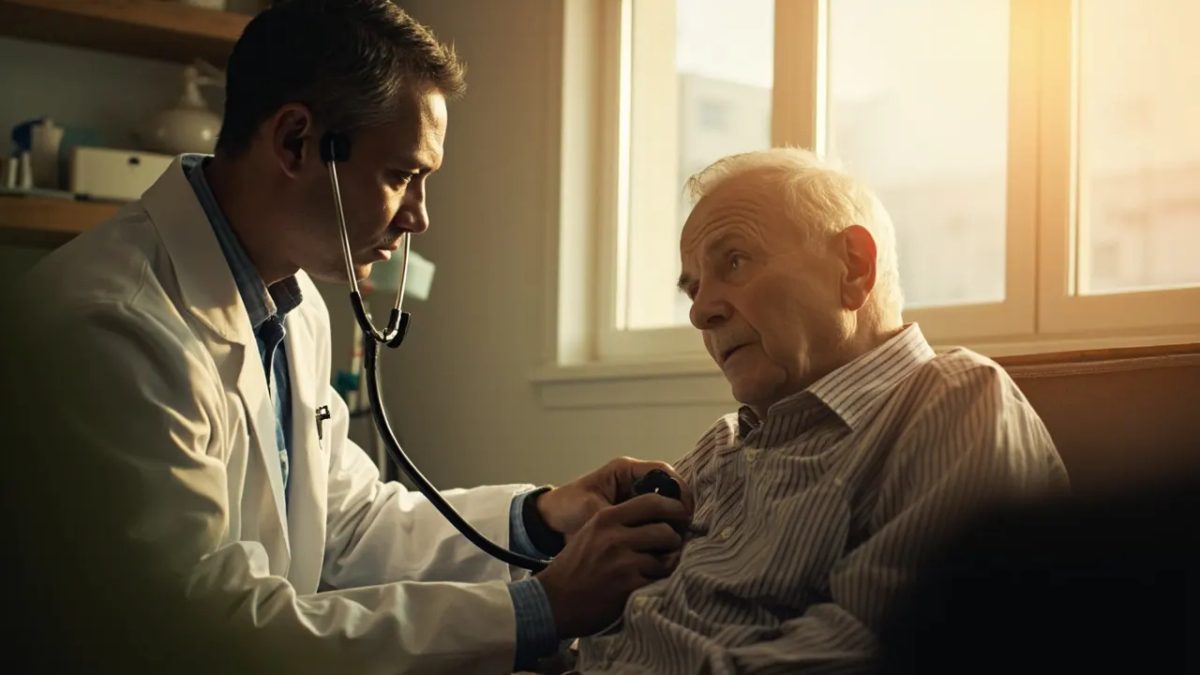 Médico con bata blanca auscultando con un estetoscopio a un paciente adulto mayor sentado en una consulta médica iluminada con luz natural cálida.