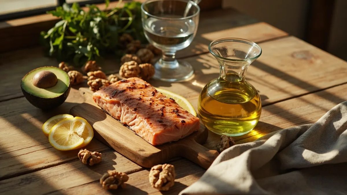 Mesa rústica de madera con alimentos saludables para el corazón: medio aguacate, nueces y un filete de salmón iluminados por luz natural cálida.
