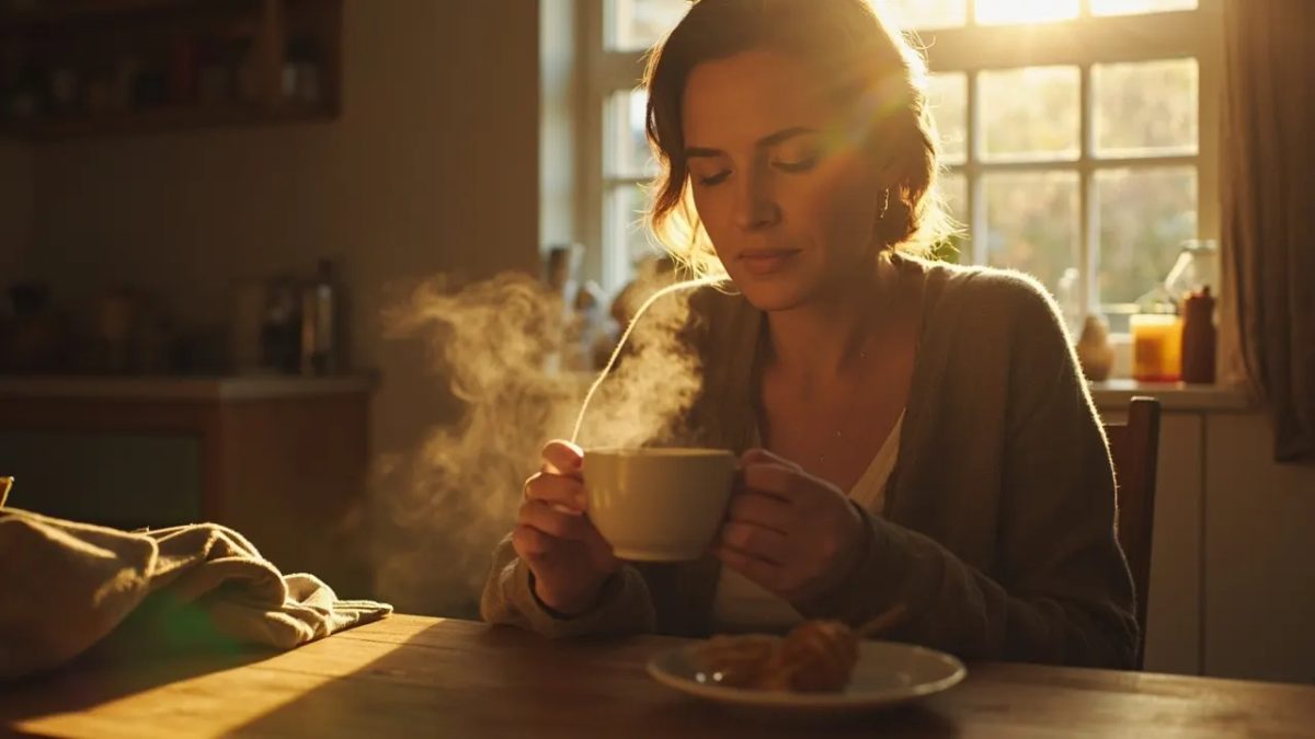Persona sosteniendo con ambas manos una taza humeante de té de manzanilla en una cocina cálida e iluminada por luz natural.
