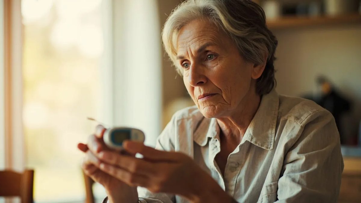 Persona de mediana edad comprobando su nivel de glucosa en sangre con un glucómetro en una cocina luminosa.