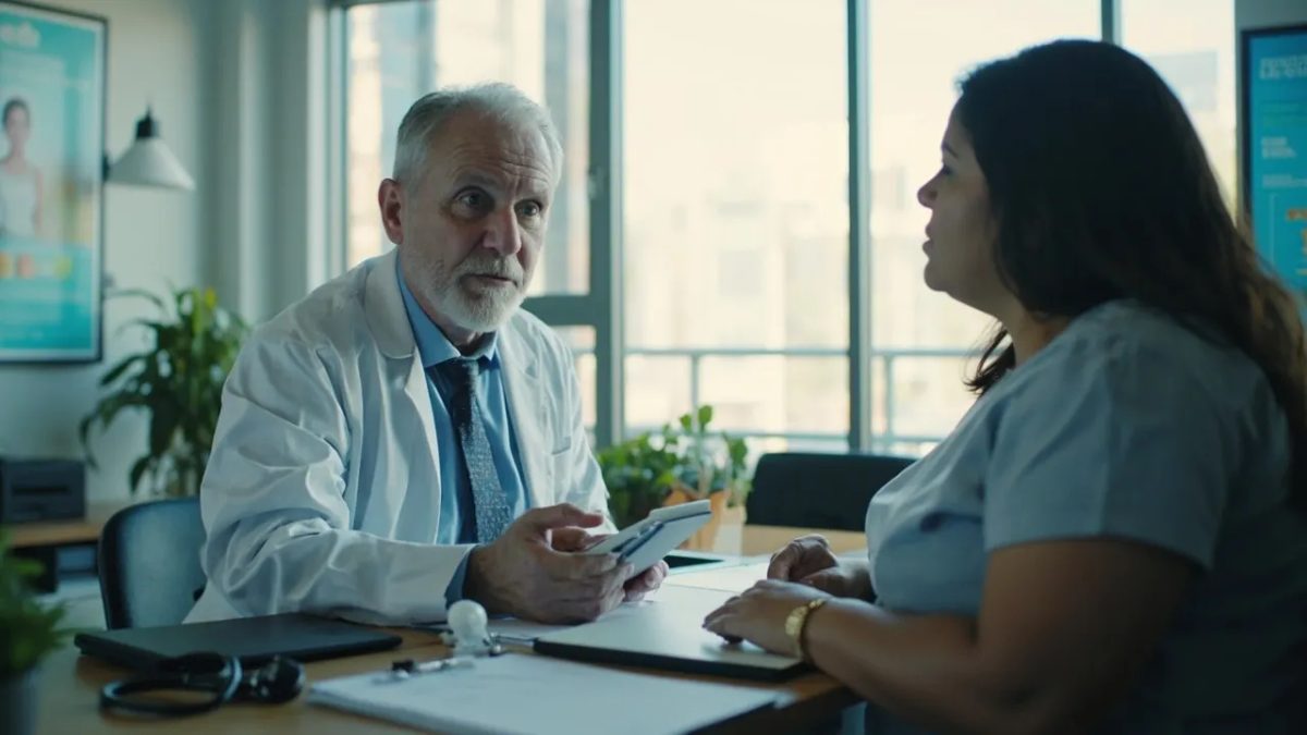 Consulta médica en una oficina moderna con luz fría de mañana: un médico de bata blanca conversa respetuosamente con una paciente de cuerpo grande y diversa complexión, ambos sentados frente a un escritorio con una tableta y un estetoscopio.
