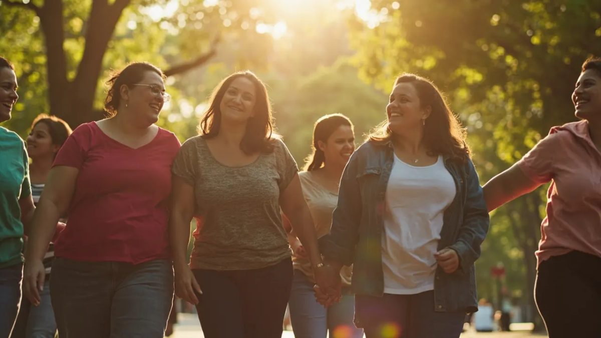 Grupo diverso de personas adultas caminando juntas por un parque bajo la luz cálida de la mañana