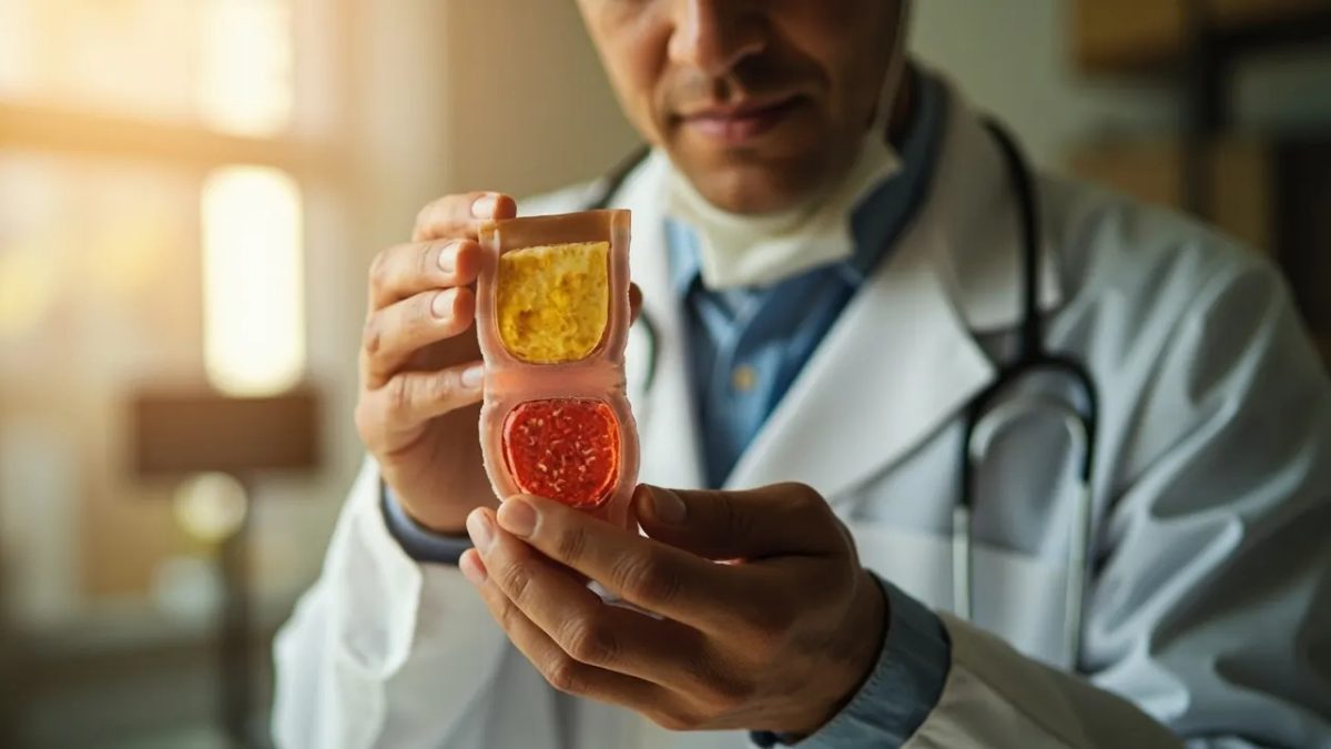 Manos de un profesional sanitario sosteniendo un modelo anatómico transparente de una arteria con acumulación de placa, en una consulta médica iluminada con luz natural cálida.