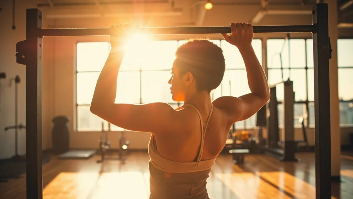 Mujer realizando una dominada en una barra de gimnasio con luz natural cálida