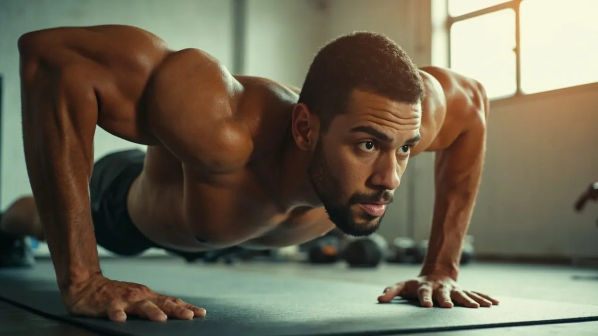 Atleta diversa realizando una flexión sobre una esterilla en un gimnasio luminoso, fotografiada en plena repetición con luz natural cálida.