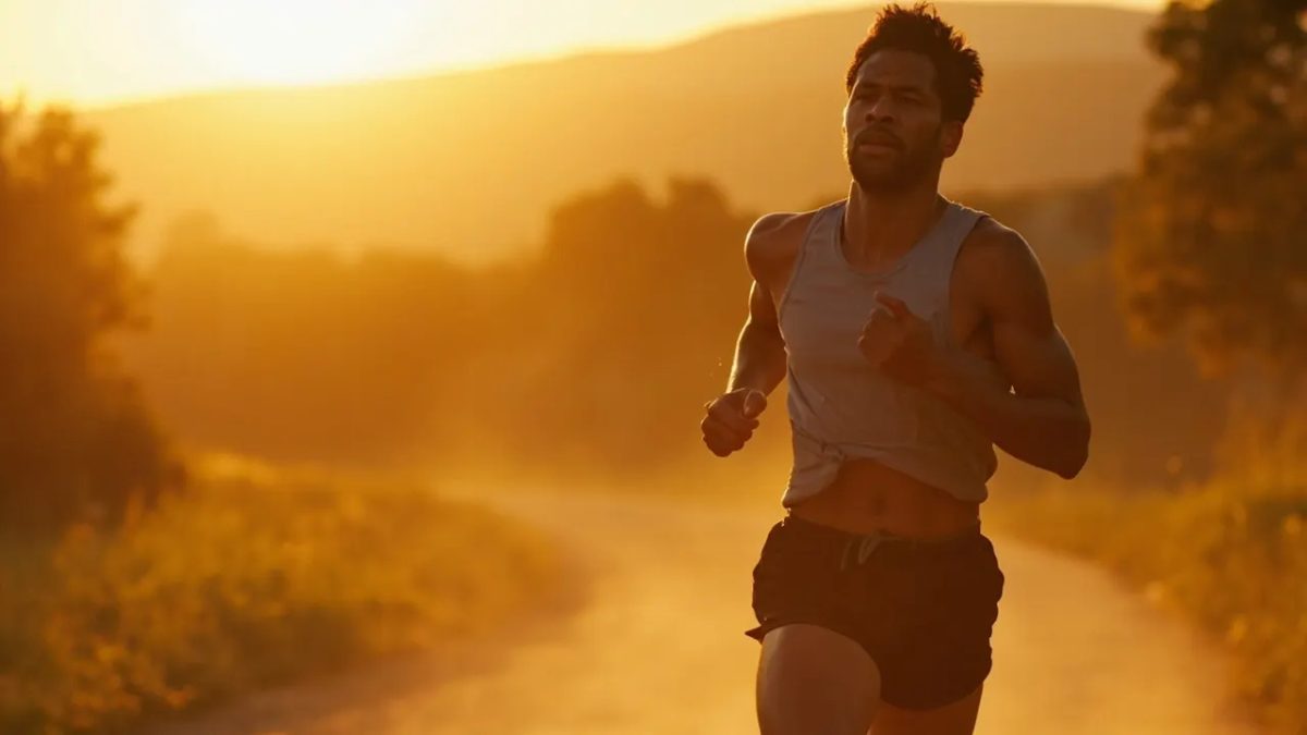Una persona corriendo por un sendero al aire libre durante un entrenamiento de resistencia, fotografiada con luz cálida de atardecer.