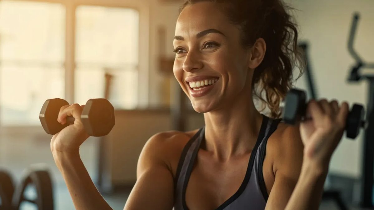 Mujer sonriente realizando ejercicios de bíceps con mancuernas en un estudio luminoso, mostrando fuerza y confianza durante su rutina de entrenamiento de brazos.