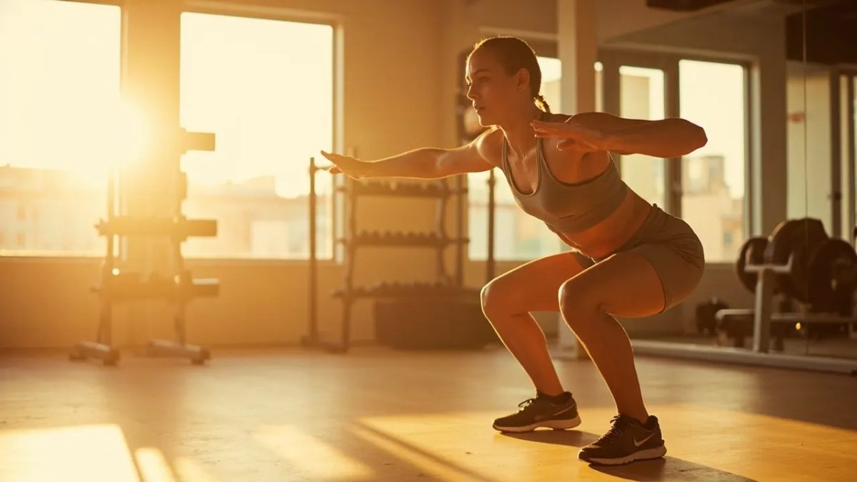 Persona atlética realizando una sentadilla profunda en un luminoso estudio de fitness bañado por luz natural cálida, con piernas fuertes y tonificadas visibles en pleno movimiento.