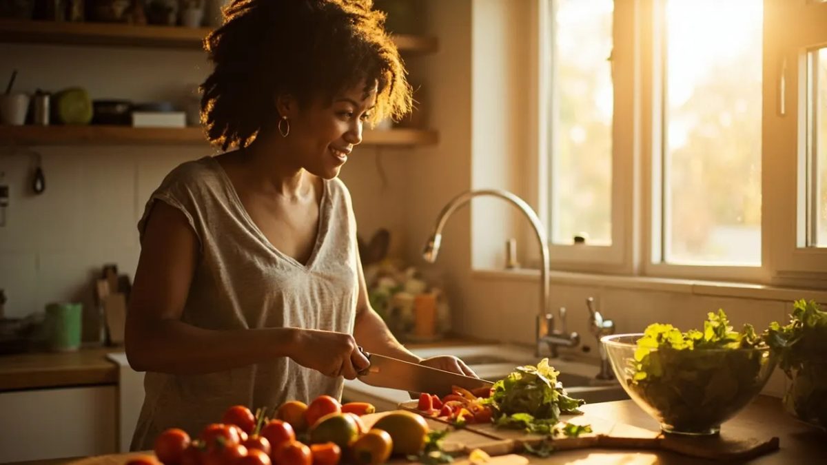 Persona diversa sonriendo mientras prepara verduras frescas y coloridas en una cocina luminosa con luz natural cálida.
