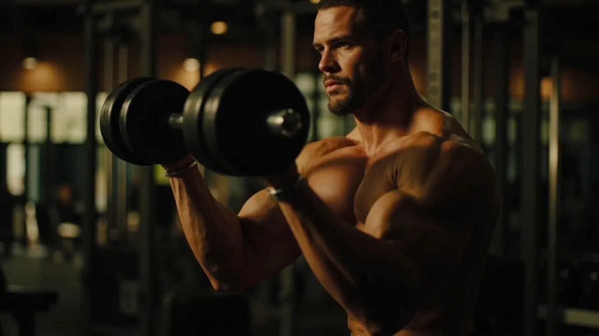 Hombre atlético y diverso ejecutando un curl de bíceps con mancuerna en un gimnasio