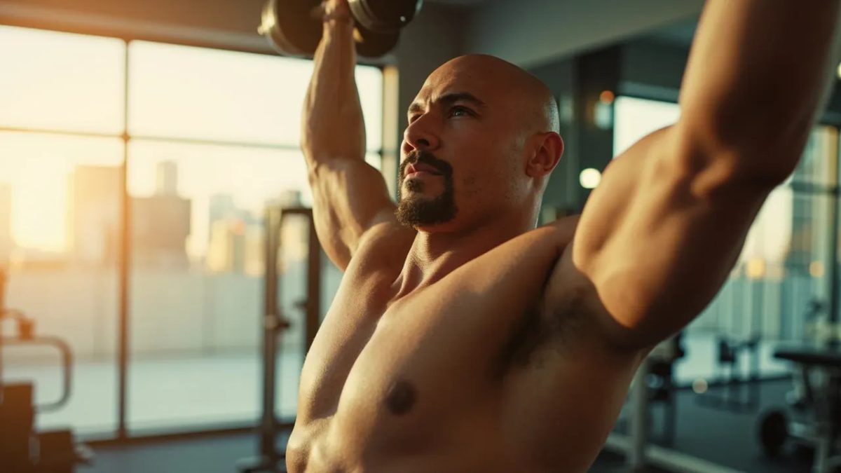 Persona de cuerpo diverso realizando una extensión de tríceps con mancuerna en un gimnasio iluminado con luz natural cálida.