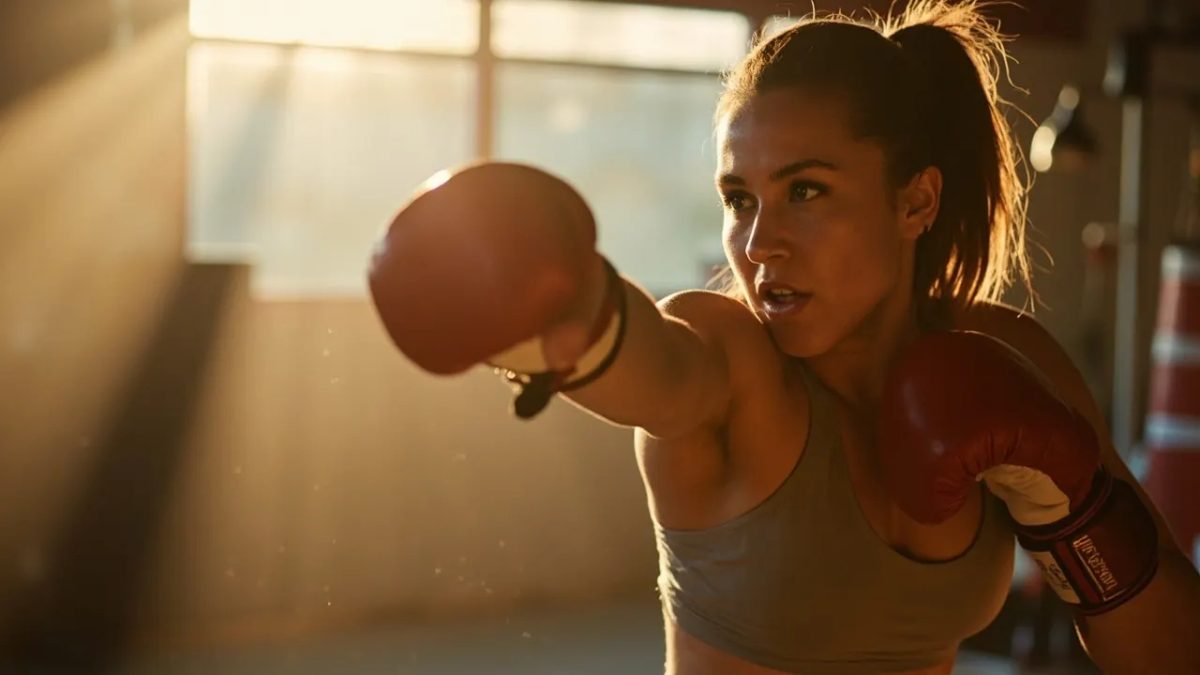 Mujer atlética entrenando boxeo en un gimnasio, lanzando un puñetazo con guantes bajo luz cálida natural