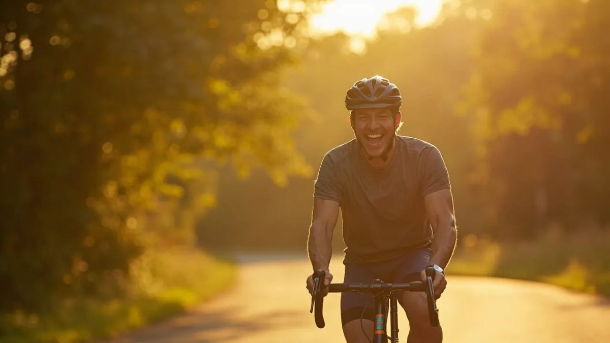Ciclista adulto pedaleando por una carretera rural arbolada bajo luz cálida del atardecer.