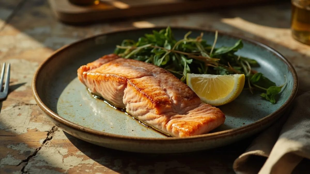 Filete de salmón fresco recién emplatado sobre un plato de cerámica con verduras y un gajo de limón, fotografiado con luz natural cálida sobre una mesa de madera.