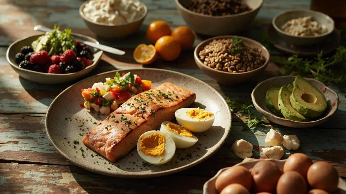 Mesa de madera con una variedad de alimentos ricos en proteínas: salmón a la plancha, huevos, yogur griego con frutos rojos, lentejas, aguacate, almendras y quinoa.