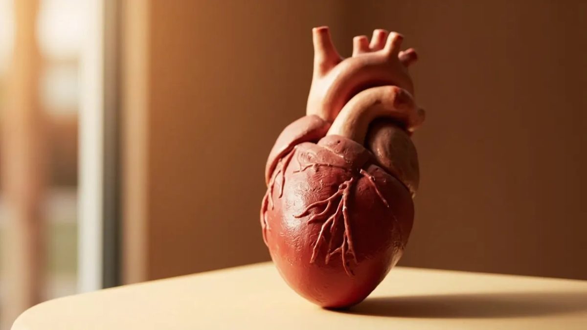 Modelo anatómico realista de un corazón humano sobre una superficie neutra con luz cálida.