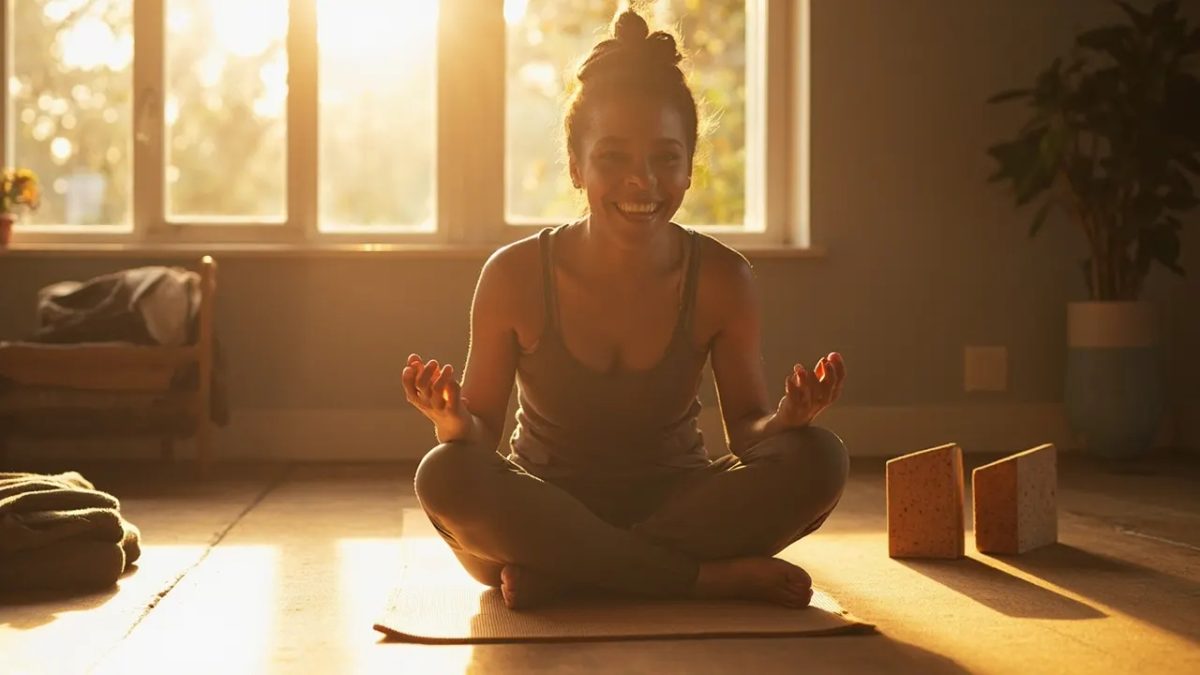 Adulto principiante con sonrisa serena practicando una postura básica de yoga sobre una esterilla de corcho en una habitación bañada por luz natural cálida, con bloques y una planta al fondo.