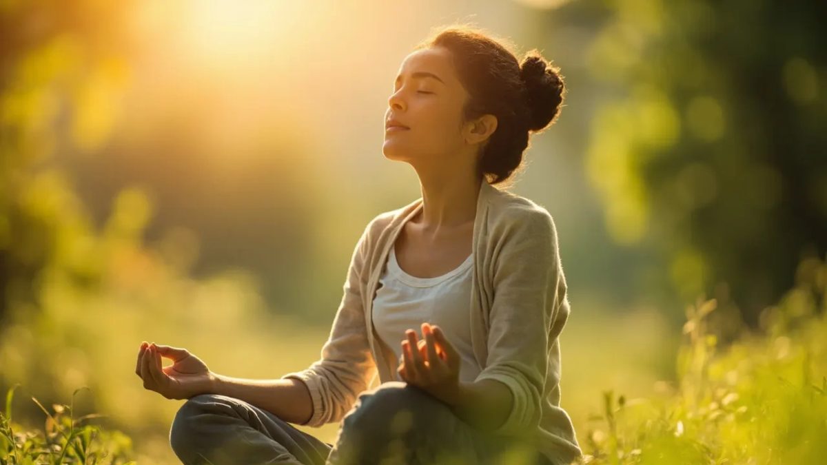 Persona meditando al aire libre en posición sentada con los ojos cerrados, rodeada de naturaleza, practicando un ejercicio de mindfulness con luz cálida.