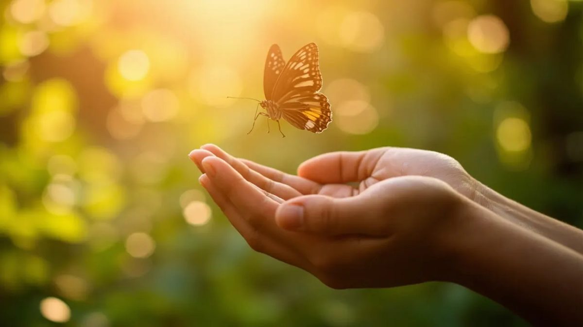 Manos abiertas de una persona liberando una mariposa que comienza a alzar el vuelo, en un entorno natural iluminado por luz cálida, simbolizando soltar una obsesión.