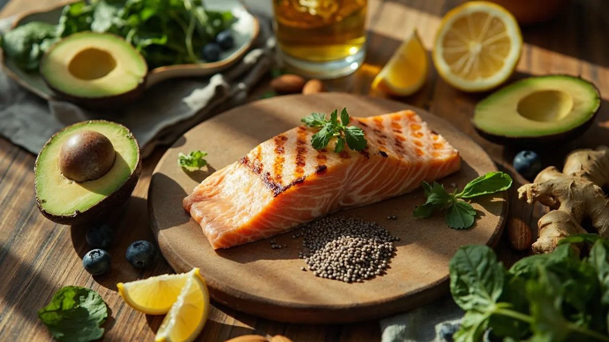Composición plana de ingredientes frescos y saludables como aguacate, salmón, arándanos, frutos secos, semillas de chía, limón, espinacas, jengibre y una taza de té verde sobre una mesa de madera rústica.