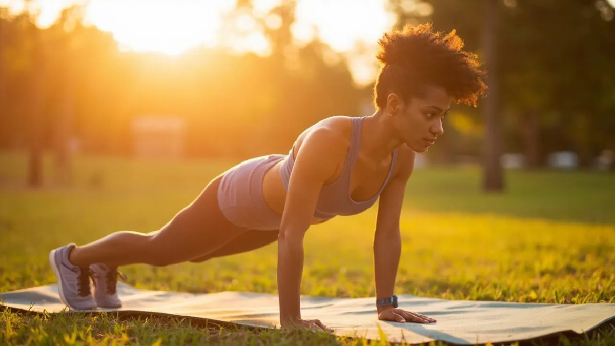 Mujer realizando un burpee sobre una colchoneta en un parque iluminado por luz natural cálida, en posición de plancha con expresión concentrada.