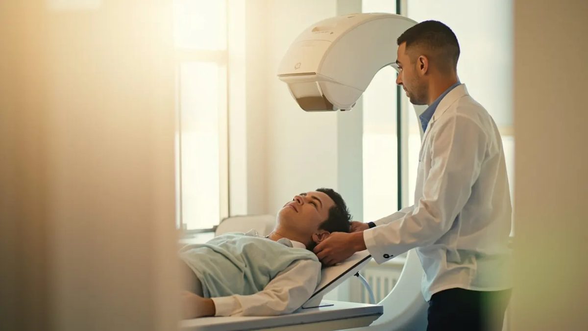 Paciente tumbado en una máquina de densitometría ósea mientras un profesional sanitario prepara el equipo en una clínica luminosa.