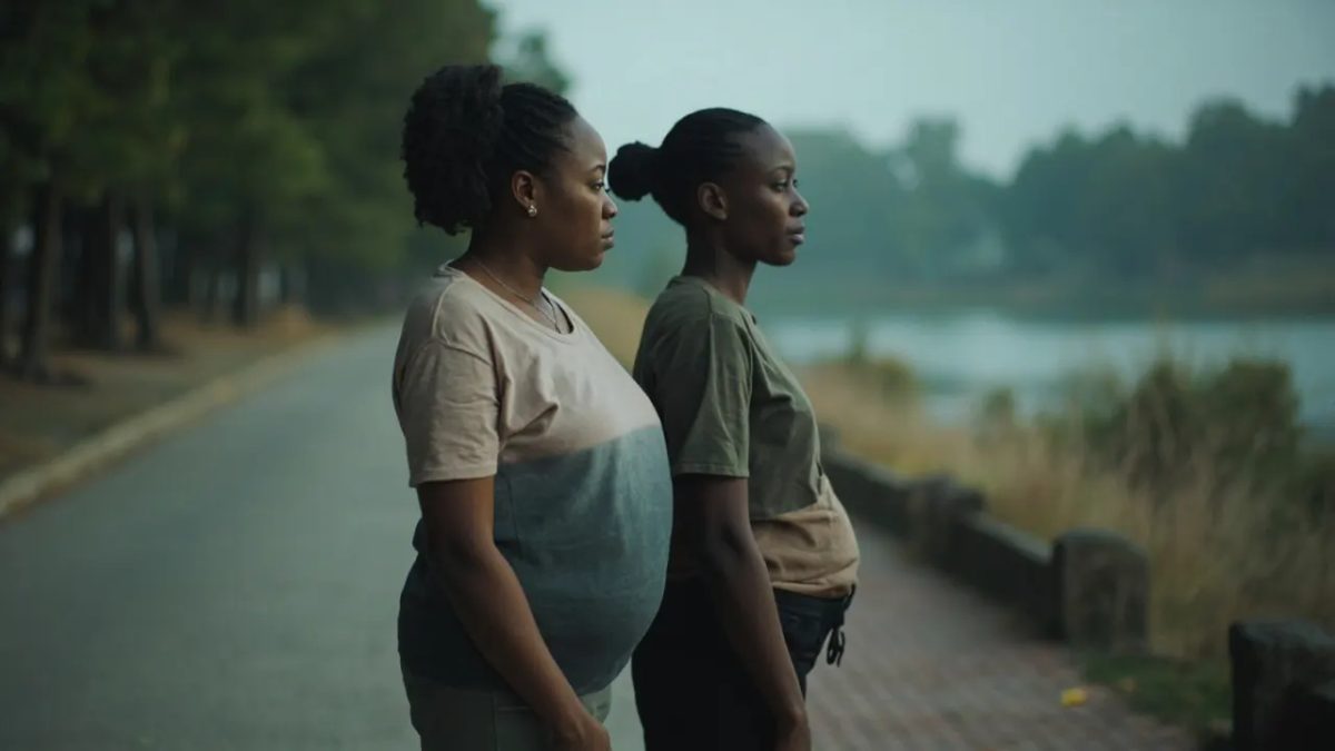 Dos mujeres diversas fotografiadas de espaldas en un parque urbano bajo luz nublada, mostrando siluetas corporales con diferente distribución de peso, una con mayor volumen abdominal y otra con caderas más anchas.