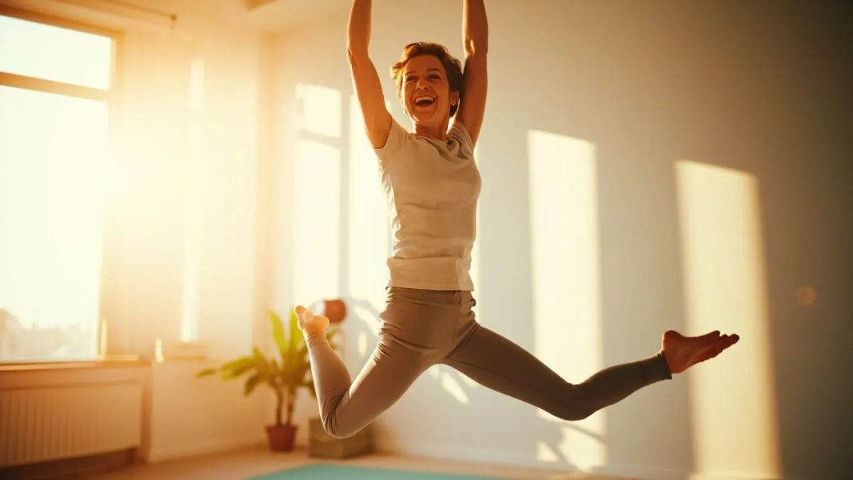 Mujer de unos treinta años, con cuerpo real y sin estigmatizar, sonriendo mientras realiza un jumping jack en un salón luminoso con luz cálida natural.