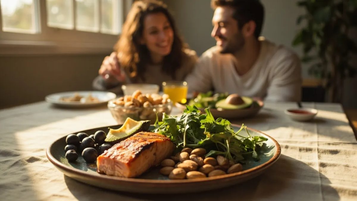 Plato rústico sobre mantel de lino con alimentos saludables para el corazón: filete de salmón a la plancha, medio aguacate, almendras, nueces, arándanos y rúcula, con dos personas diversas compartiendo la mesa al fondo bajo luz natural cálida.
