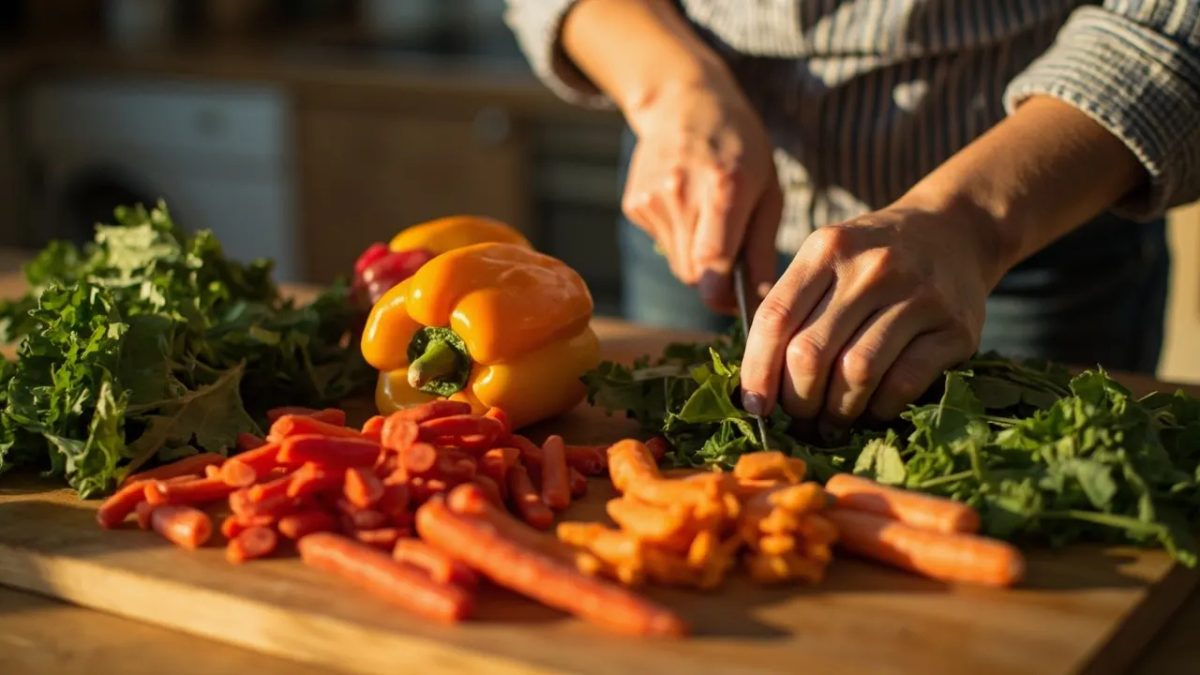 Manos diversas cortando verduras frescas y coloridas sobre una tabla de madera, con luz cálida natural, evocando una alimentación consciente y saludable.
