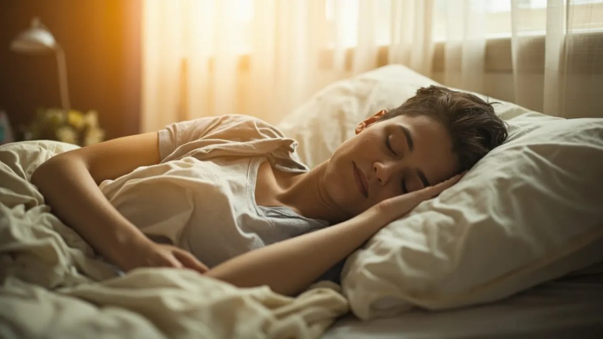 Persona adulta durmiendo plácidamente en una cama con luz natural cálida entrando por la ventana