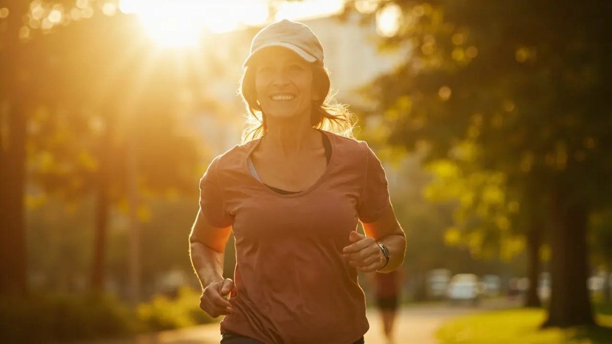 Mujer de complexión diversa corriendo feliz por un parque urbano bajo luz cálida, transmitiendo vitalidad y bienestar.
