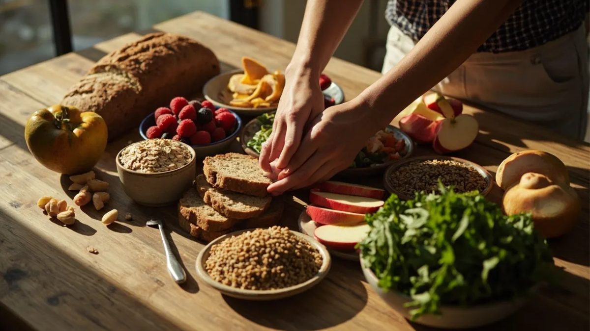 Manos diversas disponiendo sobre una mesa de madera una variedad de alimentos integrales: pan de grano entero, avena, bayas frescas, manzana, lentejas y quinoa.