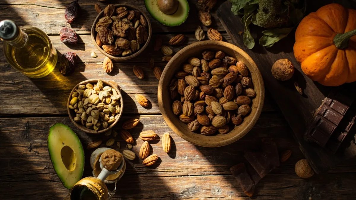 Mesa rústica de madera con una cuidada selección de alimentos de alta densidad nutricional: nueces, almendras, semillas, aguacate, aceite de oliva, chocolate negro, dátiles e higos secos.