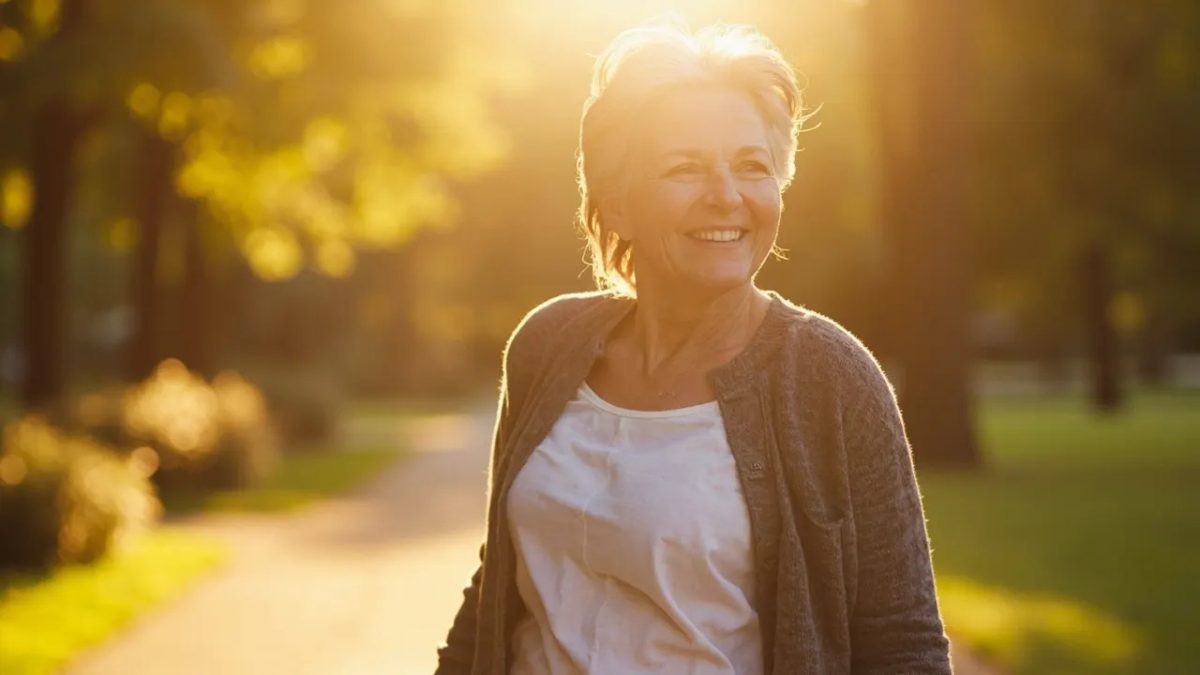 Mujer madura sonriendo con naturalidad mientras camina por un parque bañado por luz cálida del atardecer.