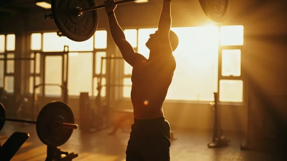 Atleta realizando un press militar de pie con barra sobre la cabeza en un gimnasio iluminado con luz natural cálida