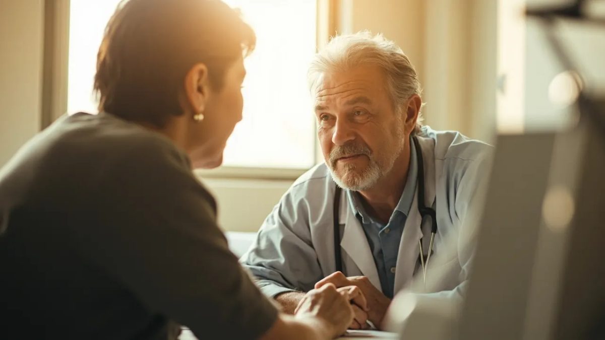 Profesional sanitario atendiendo a una persona paciente en una consulta médica iluminada con luz natural