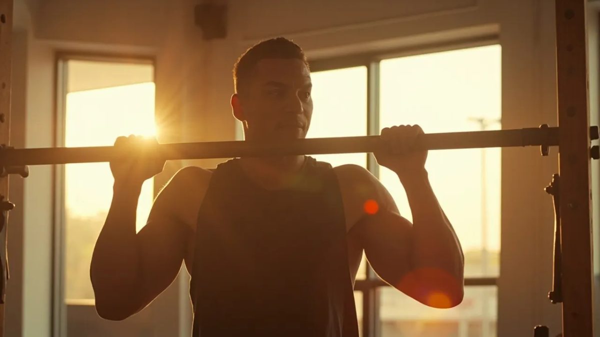 Persona principiante realizando una dominada en una barra de gimnasio con luz natural cálida