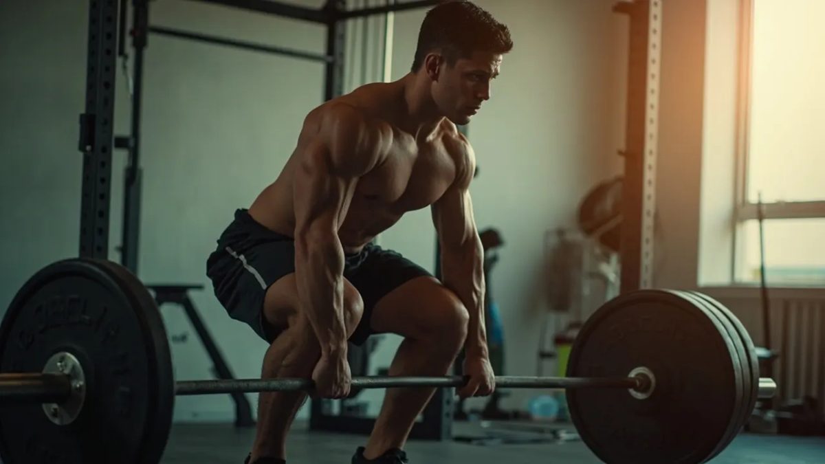 Persona principiante en un gimnasio luminoso ejecutando un peso muerto con barra, en posición inicial con la espalda neutra y la cadera flexionadas, fotografiada en plano lateral para apreciar la técnica.
