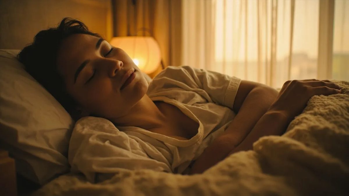 Persona diversa durmiendo plácidamente en una cama acogedora con sábanas de lino y luz cálida de una lámpara junto a la mesita de noche.