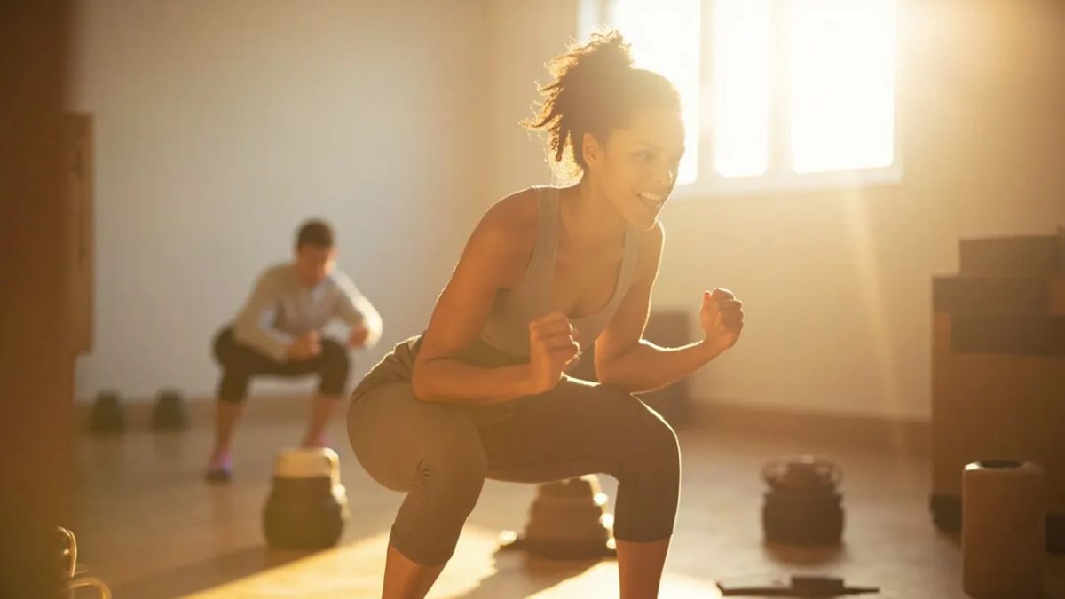 Persona diversa en ropa deportiva realizando una sentadilla con peso corporal en un gimnasio luminoso con luz natural cálida.