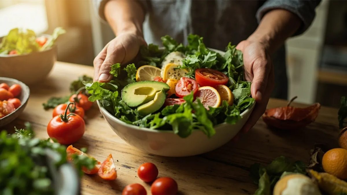 Manos diversas preparando un bol colorido con verduras frescas, aguacate y rodajas de cítricos sobre una mesa de madera, con luz cálida natural
