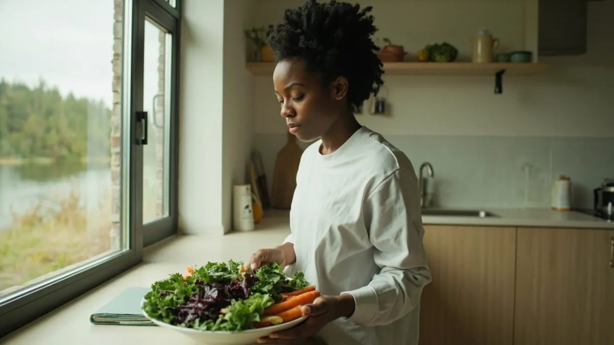 Persona diversa preparando un colorido bol de verduras frescas en una cocina moderna iluminada con luz suave y fría de mañana.
