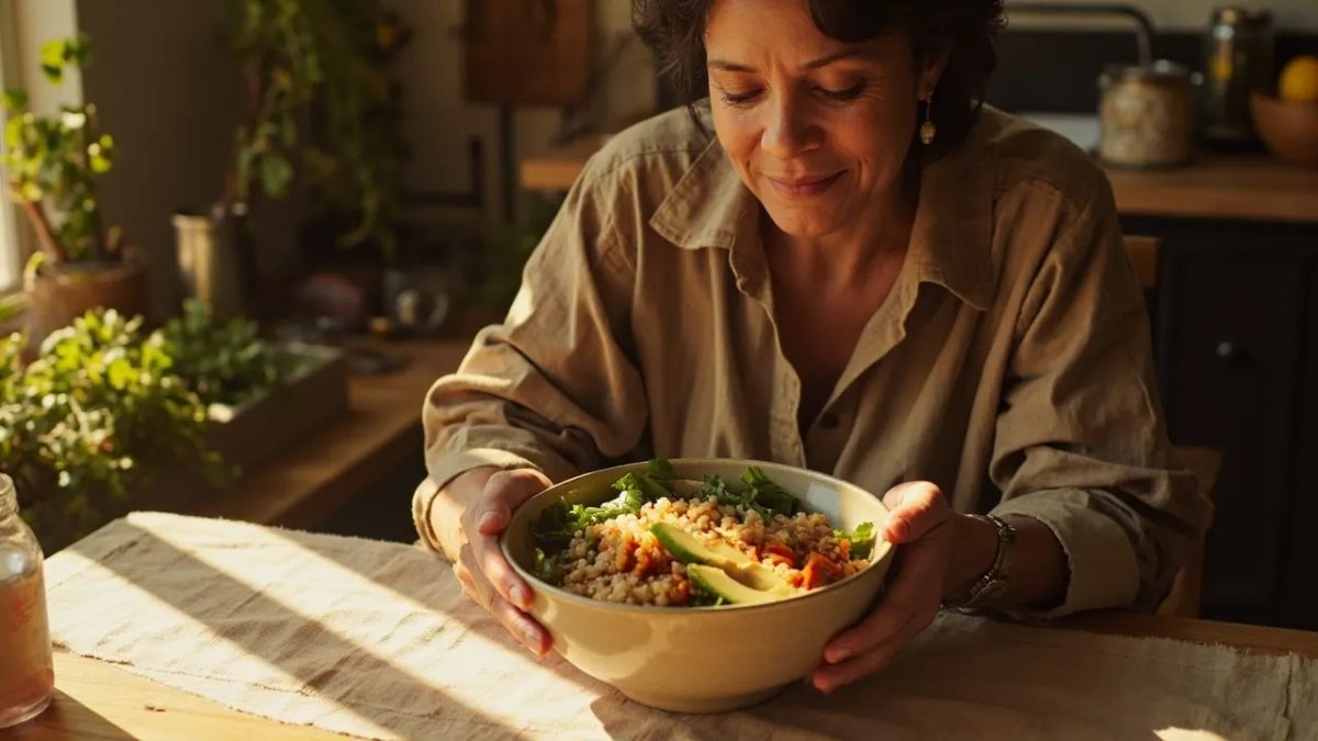 Persona diversa sentada junto a una ventana iluminada con luz cálida, sosteniendo un cuenco de comida vegetal colorida sobre una mesa de madera, en un ambiente tranquilo de cocina hogareña.