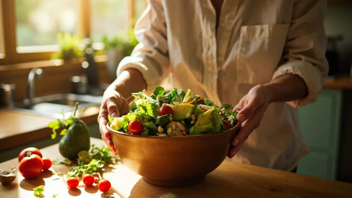 Manos preparando una ensalada fresca colorida con vegetales y semillas en una cocina luminosa con luz cálida natural.